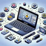 Samsung laptop with highlighted screenshot keys, icons for various capture methods, and editing tools.