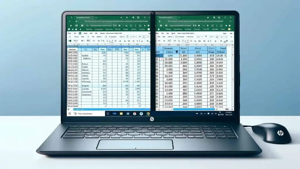 Split-screen comparison of HP laptop showing spreadsheet navigation with Scroll Lock on and off.