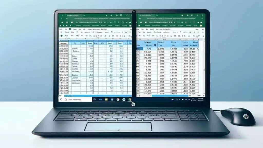 Split-screen comparison of hp laptop showing spreadsheet navigation with scroll lock on and off.