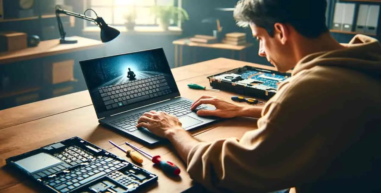 Person sitting at a desk with an open HP laptop and a new keyboard, tools like a screwdriver on the side, old keyboard in the background.