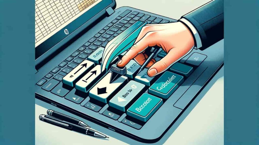 Infographic of HP laptop keyboard highlighting Scroll Lock key with arrow keys for spreadsheet navigation.