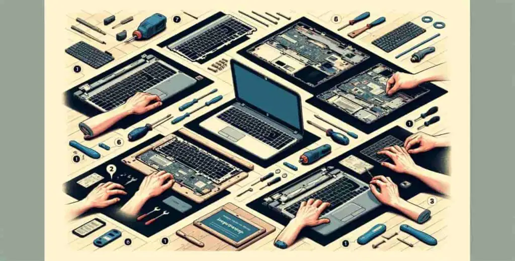 Realistic instructional image showing the process of replacing an HP laptop keyboard, including unscrewing, removing the old keyboard, and installing the new one.