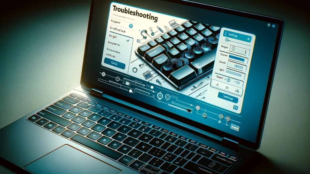 HP laptop displaying troubleshooting screen focused on Scroll Lock keyboard settings for issue resolution.