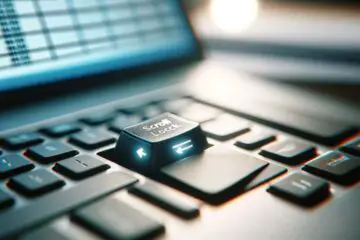 An image showing a close-up of an hp laptop keyboard with a highlighted scroll lock key, possibly with a glowing effect to emphasize its importance. The background can show a blurred image of a spreadsheet on a laptop screen, hinting at the key's utility in navigating large documents.