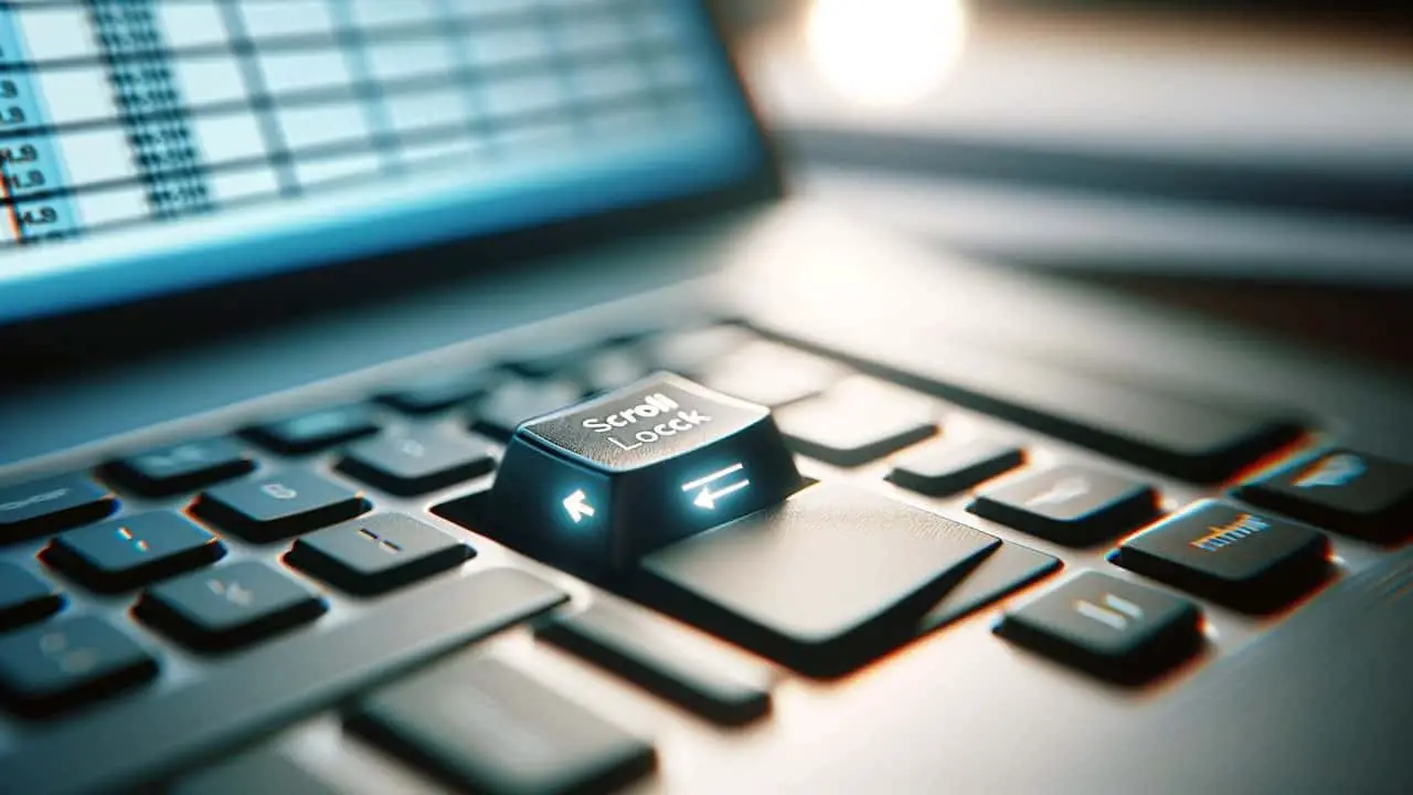 An image showing a close-up of an HP laptop keyboard with a highlighted Scroll Lock key, possibly with a glowing effect to emphasize its importance. The background can show a blurred image of a spreadsheet on a laptop screen, hinting at the key's utility in navigating large documents.