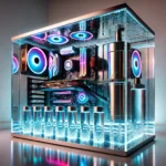showcasing a sleek and futuristic mineral oil PC case with vibrant RGB lighting. It’s optimized for highlighting the innovative setup.